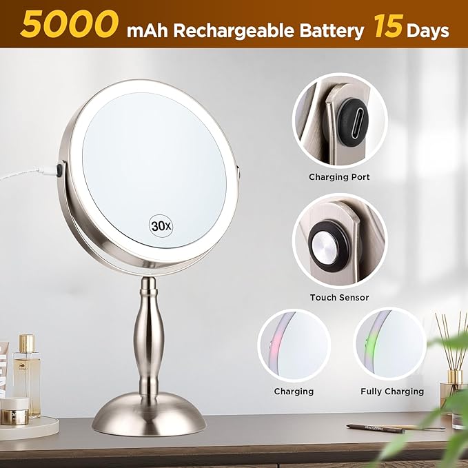 Makeup Mirror with Light, 30x Magnifying Mirror with 3 Lights Colors, 5000mAh Vanity Mirror Brushed Nickel - 360° Rotation, Brightness Adjustable Magnification, Modern Style Side Touch + Side Charge