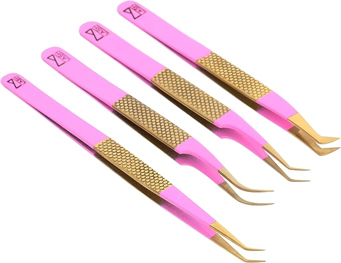 M LASH Tweezers for Eyelash Extensions (Set of 4) - Professional Lash Extension Tweezers - Fiber Tip, Japanese Steel, Diamond Grip Eyelash Extension Tweezer (PMG-SET)