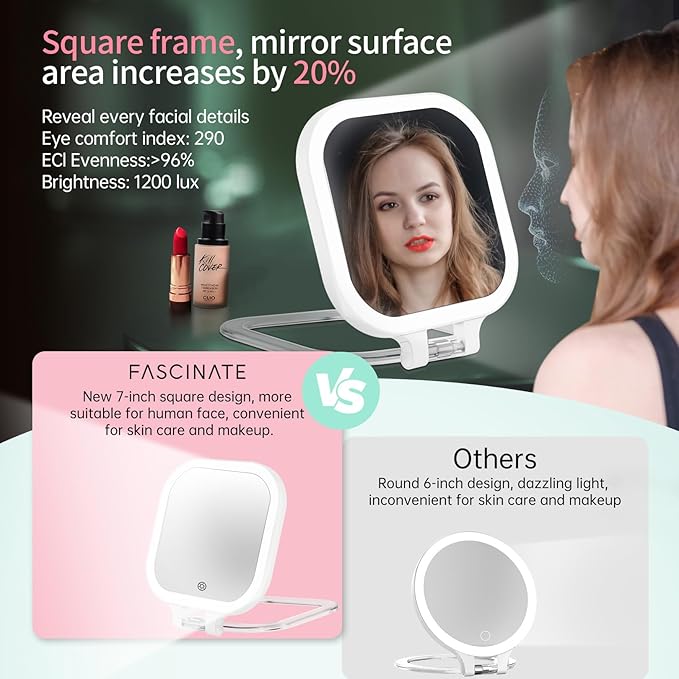FASCINATE Rechargeable Travel Makeup Mirror 30X Magnification, Lighted Portable Vanity Mirror with 3 Colors Lighting & Stepless Dimming, Double Sided LED Mirror, Gift for Women (White+Bag)