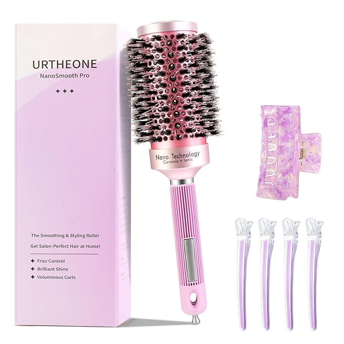 URTHEONE Round Hair Brush for Blow Drying, Ceramic Ionic Styling Tool with Mixed Bristles and Hair Clips, for Smooth and Voluminous Styles on Long Hair (2.1 Inch)
