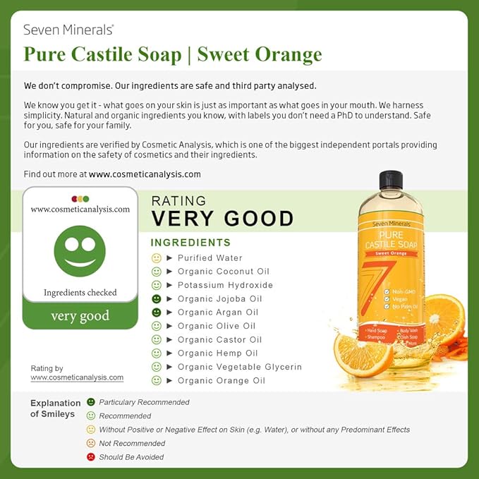 Seven Minerals Pure Castile Soap, Sweet Orange - No Palm Oil, GMO-Free - Gentle Liquid Soap For Sensitive Skin & Baby Wash - All Natural Vegan Formula with Organic Carrier Oils (33.8 fl oz)