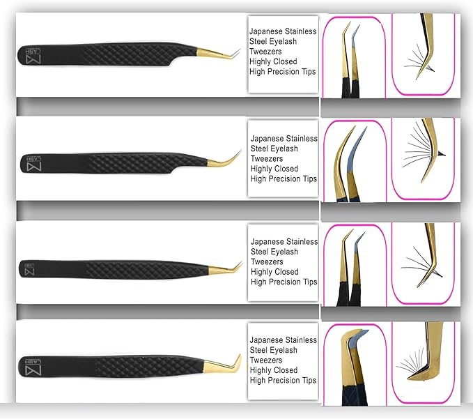 M LASH Tweezers for Eyelash Extensions (Set of 4) - Professional Lash Extension Tweezers - Fiber Tip, Japanese Steel, Diamond Grip Eyelash Extension Tweezer (Matte Black)