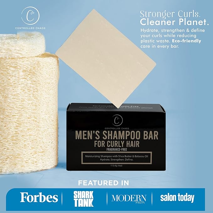 Controlled Chaos Curly Hair Solid Shampoo Bar for Men with Shea Butter & Babassu Oil Moisturizing & Frizz Control, Sulfate-Free, Vegan (Fragrance Free) - 4 oz
