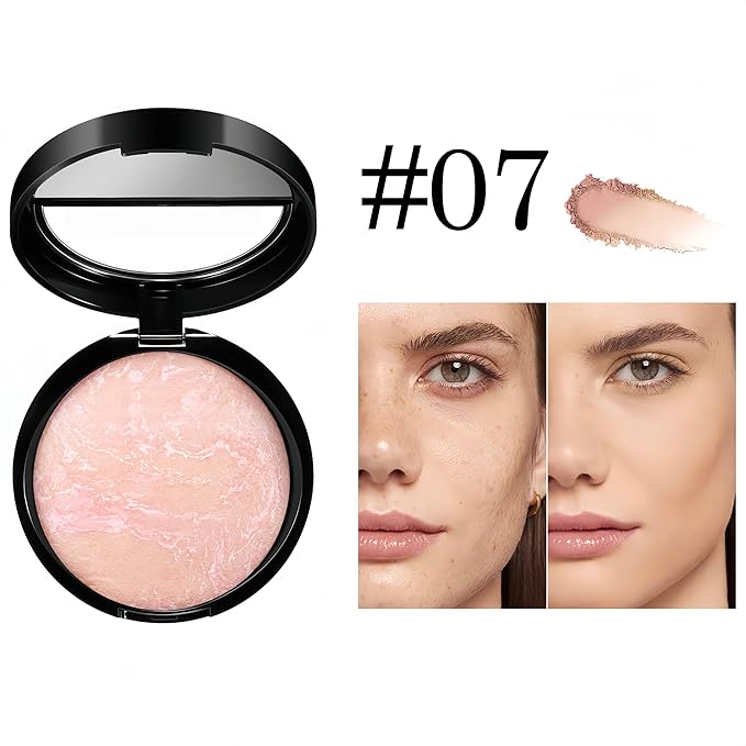 MAEPEOR Baked Setting Powder Brighten Color Correcting Powder Foundation Natural Smooth Lightweight Oil-Control Pressed Foundation (07 Porcelain To Go)