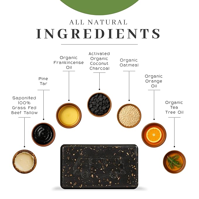 VanMan Tallow & Pine Tar Soap Bar – Grass-Fed Beef Tallow with Organic Oatmeal, Charcoal & Essential Oils – Exfoliating Face & Body Soap, 3.8oz - 2 Pack