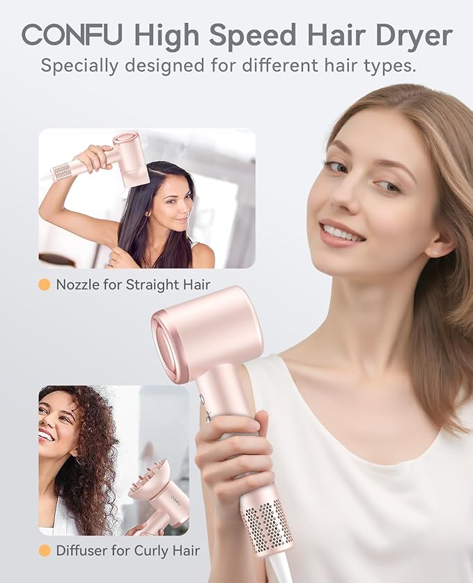 Hair Dryer with Diffuser, CONFU Hair Dryers for Women, Diffuser Hair Dryer High Speed Professional Ionic Blow Dryer for Fast Drying, Hair for Curly Hair for Home Travel