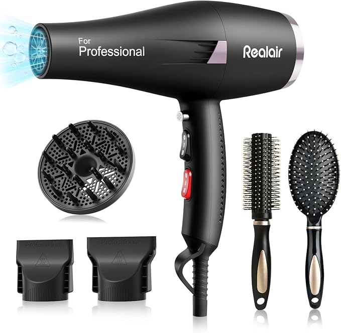 Salon Hair Dryer, Professional Blow Dryer AC Motor Fast Drying with 2 Speed, 3 Heat Setting, Cool Button, with Diffuser, Nozzle, Concentrator Comb for Curly & Straight Hair
