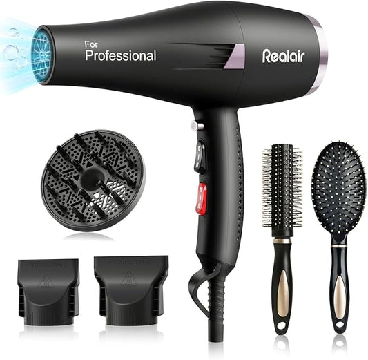 Salon Hair Dryer, Professional Blow Dryer AC Motor Fast Drying with 2 Speed, 3 Heat Setting, Cool Button, with Diffuser, Nozzle, Concentrator Comb for Curly & Straight Hair