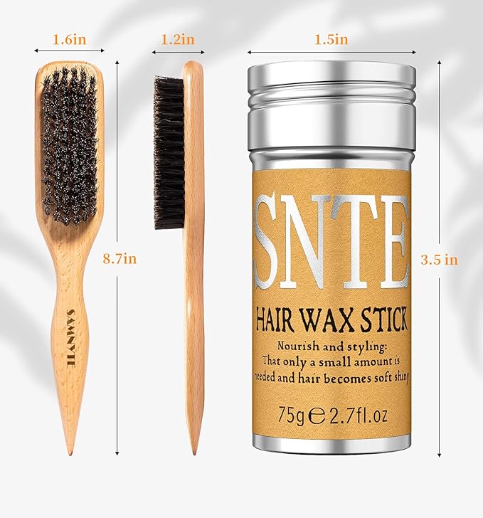 Slick Back Hair Brush, Hair Wax Stick Set - Boar Bristle Brush for Fine to Medium Hairs - Smooth Flyaways, Frizz & Baby Hairs, Sleek Ponytails Buns Updos