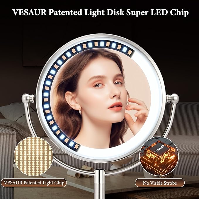 VESAUR 9.1" Large 5000mAh Rechargeable Lighted Makeup Mirror Nickel, 1X/10X/20X HD Magnifying with Compact Suction Mirror, 3 Color Dimmable Light, 360°Swivel Seamless Vanity Mirror, Gift Box