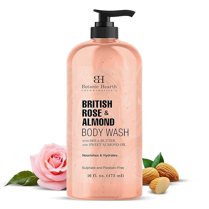 Botanic Hearth British Rose & Almond Body Wash – Moisturizing Shower Gel with Shea Butter, Gentle Hydrating Cleanser, Sulfate & Paraben Free – 16 fl oz