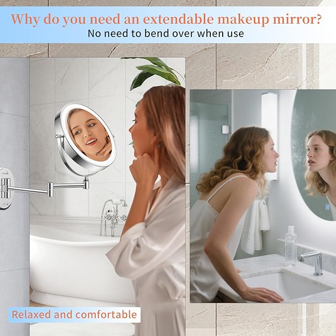 30X/1X Wall Mounted Lighted Makeup Mirror, 10'' Double Sided 4500mAh Rechargeable Magnifying Bathroom Mirror with Light, 3 Color Modes Touch Dimmable Extended Arm 360 Rotation with Adapter,Chrome