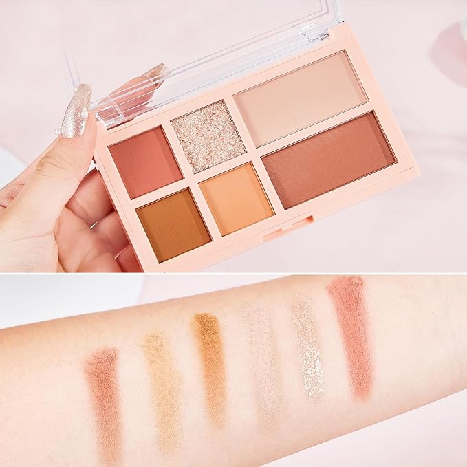 6 Colors Velvety Smooth Eyeshadow Palette, Neutral Nude Eye Shadow Matte & Shimmer Shades, Highly Pigmented Waterproof Long-Lasting Travel-Friendly Daily Eye Makeup Palette for Women, 1#