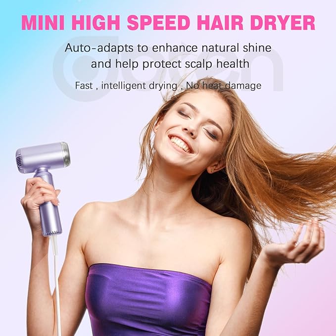 Mini Hair Dryer, High-Speed Blow Dryer with 110,000RPM Brushless Motor, Magnetic Diffuser, Negative Ionic Technology for Fast Drying, Compact & Lightweight for Home & Travel (Purple)