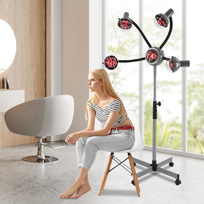 750W 5Heads Infrared Heat Lamp,Hairdressing Heater,Hair Dryer,Infrared Lamp 5 Head for Hair Salon Hairdressing Hair Color Processor & Dryer with Rolling Base,Height & Temperature Adjustable