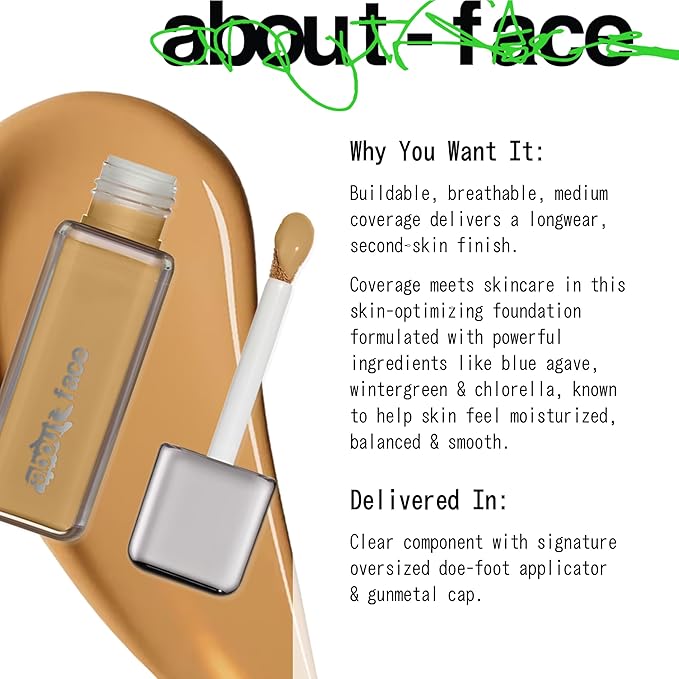 about-face THE PERFORMER Skin-Focused Foundation M2Olive – Medium Coverage, Long-Wear, Breathable & Buildable Base – Clean, Vegan, Hydrating Formula with Blue Agave & Chlorella – 1.08oz
