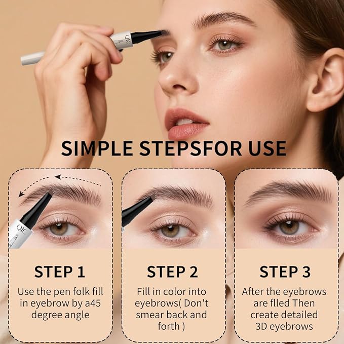 QIC Eyebrow Pencil, 3D Waterproof Microblading Brow Pen with 4 Fork Tip, Natural Makeup Long-Lasting Fine Stroke Brow Tattoo Pen (Dark Brown)