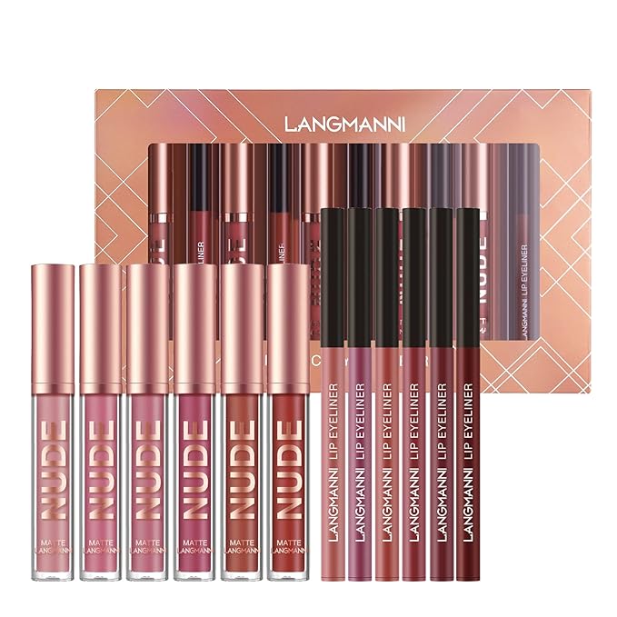 LANGMANNI 6 Matte Lipstick with 6 Lipliners Durable Makeup Set,Long-Lasting Non-Stick Cup Not Fade Waterproof Pigmented Velvet Lipgloss Kit Beauty Cosmetics Makeup Gift for Girls (#A)