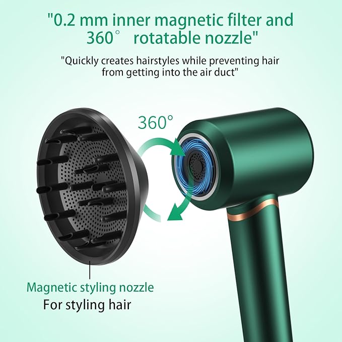 Hair Dryer Negative Ionic Blow Dryer for Fast Drying,Low Noise,Thermo Control Hair Dryer 2 Speed and 3 Heat Settings,Cold Air Button with 1 Diffuser 110000 RPM High Speed Brushless Motor (Green)