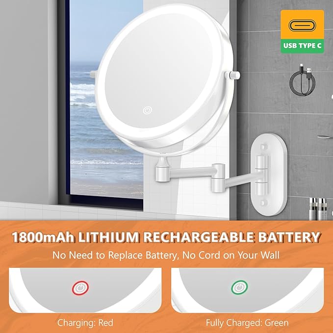 Auxmir 1X/20X Wall Mounted Makeup Mirror with Light, 8" Rechargeable Double-Sided Magnifying Mirror, Vanity Mirror Dimmable 3 Color Light, 360° Extension Rotation Foldable 14.5 Inch Arm for Bathroom