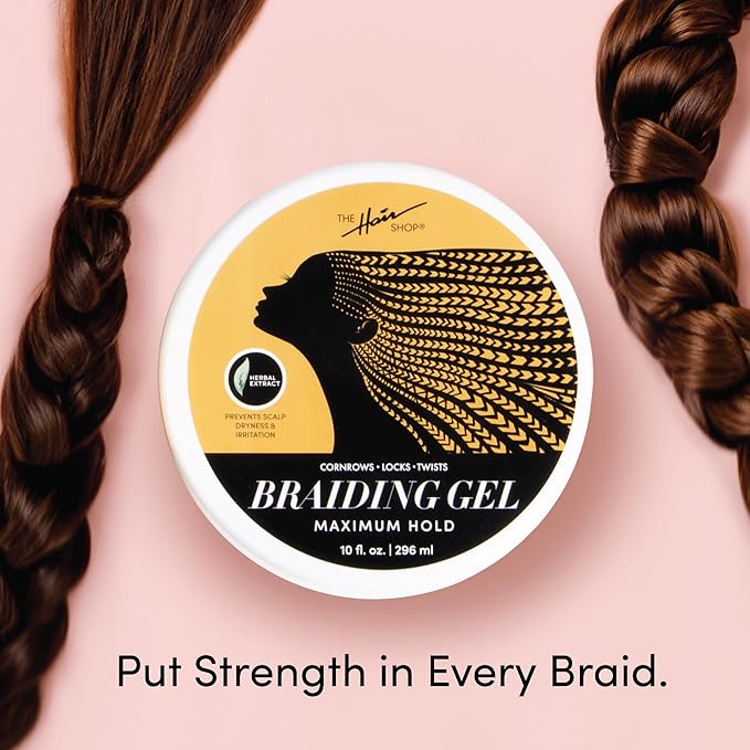 The Hair Shop Braiding Gel, Maximum Extreme Hold to Smooth & Tame Frizz, Made w/Herbal Leaf Extract for No Flakes or Drying, Adds Shine & Holds Braids, Locks, Cornrows, & Twists (15 fl oz)