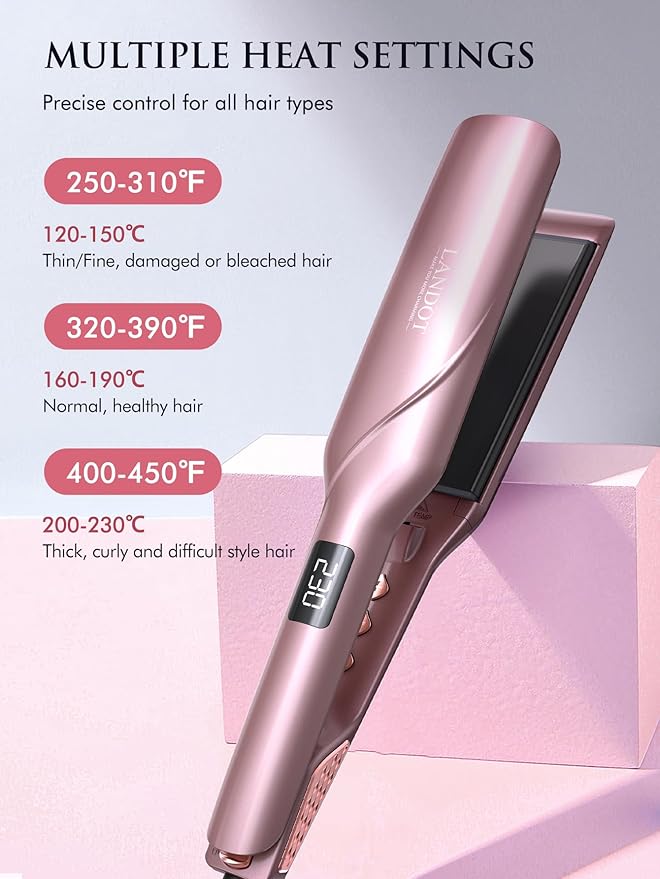 LANDOT Wide Flat Iron Hair Straightener - 1.75" Professional Ceramic Straightening Iron for Faster Styling, Extra Shine Hair, Dual Voltage Adjust Temp 250-450℉ All Hair Types, Ideal for Busy Morning