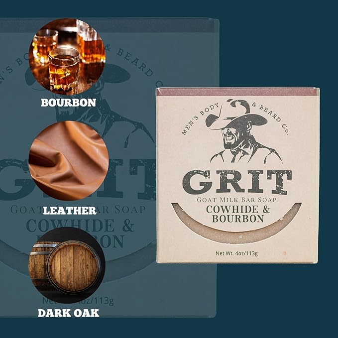 GRIT Goat Milk Soap Bar Cowhide & Bourbon | Dye-Free Soap Bar | Enriched with Nourishing Goat Milk | 4 oz