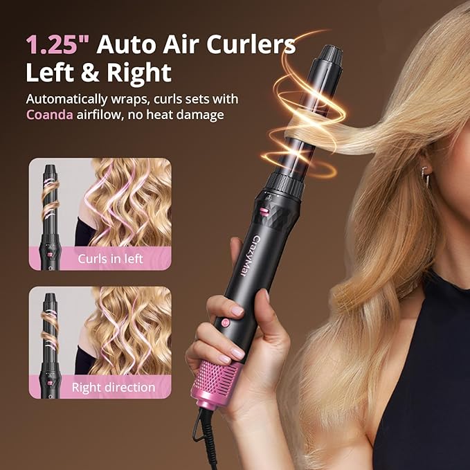 7-in-1 Air Wrap Hair Styler, Fast Drying Blow Dryer & Curling StylingTool, Hot Air Styler No Heat Damage, Hot Air Styler Wrap for Curling Volumizing Straightening Styling（Pink）