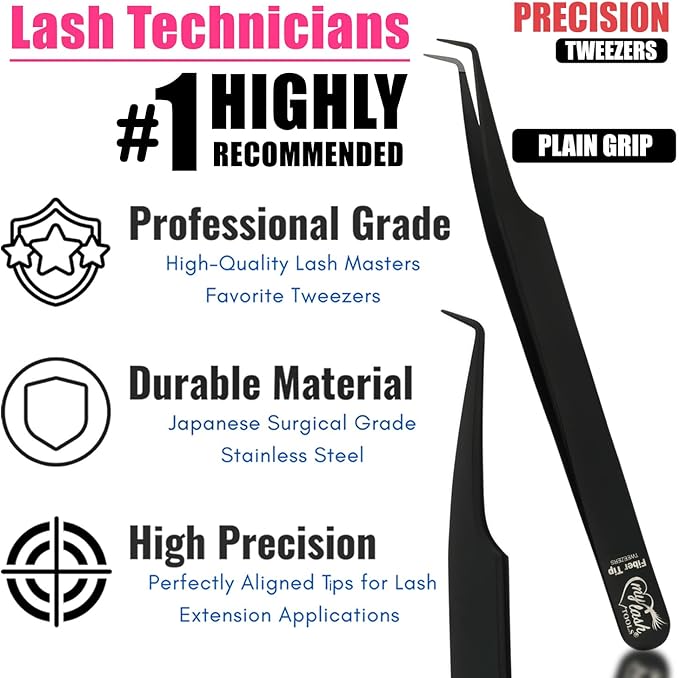 My Lash Tools Fiber Tip Lash Tweezers for Eyelash Extension Curved 90 Degree Angle Boot Tweezer Best for Volume, Individual Isolation & Classic Lashes Stainless Steel Lash Supply (Black 2x Set)