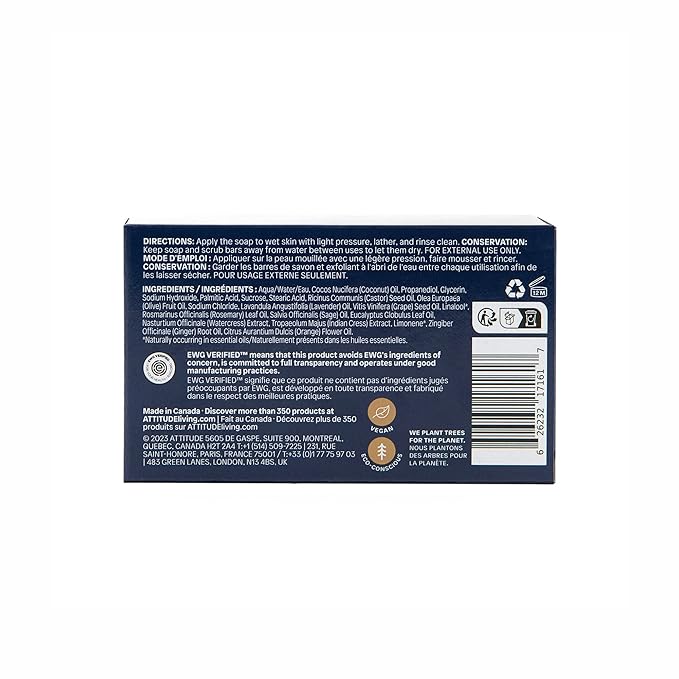 ATTITUDE Body Soap Bar, Natural Origin,Protects and Softens Dry Skin, Coconut & Olive Oils, For Men and Women, EWG verified & Vegan, Sage & Rosemary, 4 Oz
