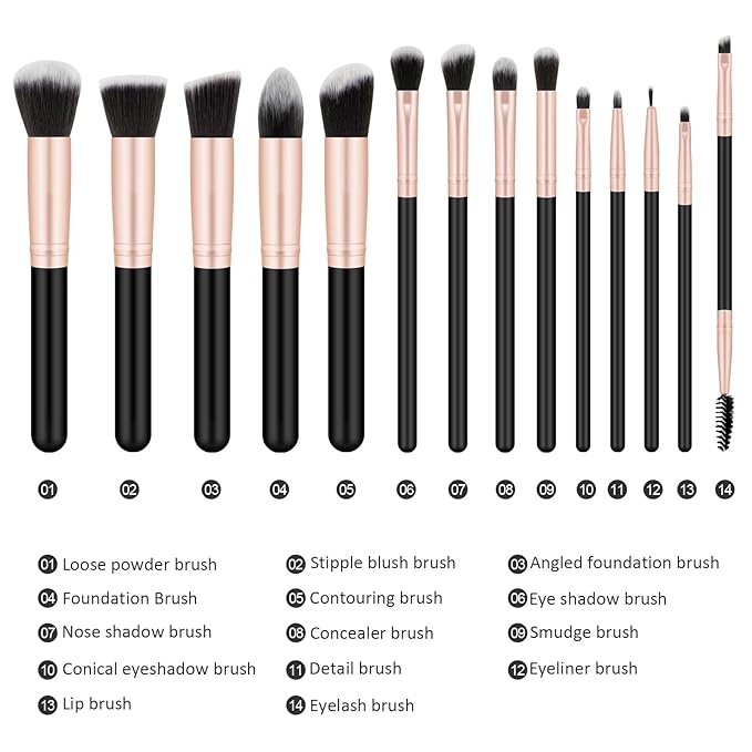 Generic Makeup Brushes Professional Set,Synthetic Bristles for Foundation Powder Eyeshadow Brush Concealers Blush Face Make up Brushes Kit 14pcs., Black