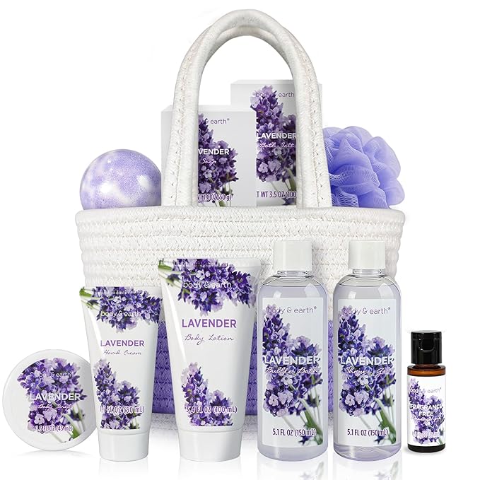 BODY & EARTH Spa Gift Baskets for Women 11pcs Lavender Gift Sets with Bubble Bath, Shower Gel, Body Lotion, Birthday Gifts for Women, Spa Kit for Mom Gifts, Purple Gift