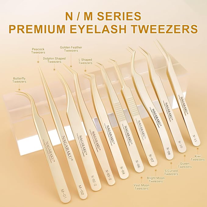 NAGARAKU Gold Tweezers for Eyelash Extensions Curved Angled Volume Cluster Super Light Weight Easy Fanning Tweezers Stainless Steel Precision (N-06)