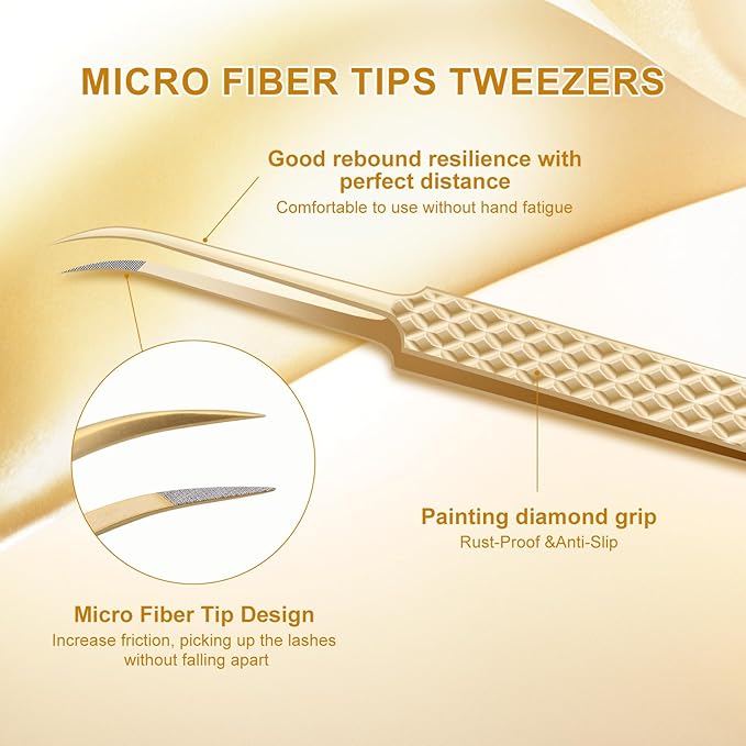 NAGARAKU Precision Fiber Tip Tweezer for Eyelash Extensions Diamond Grip 5cm Slim Tweezers Tip Anti-Static Anti-Slip Premium Stainless Steel Pointed Separate Eyelashes Curved Tweezers with Box (AG-02)