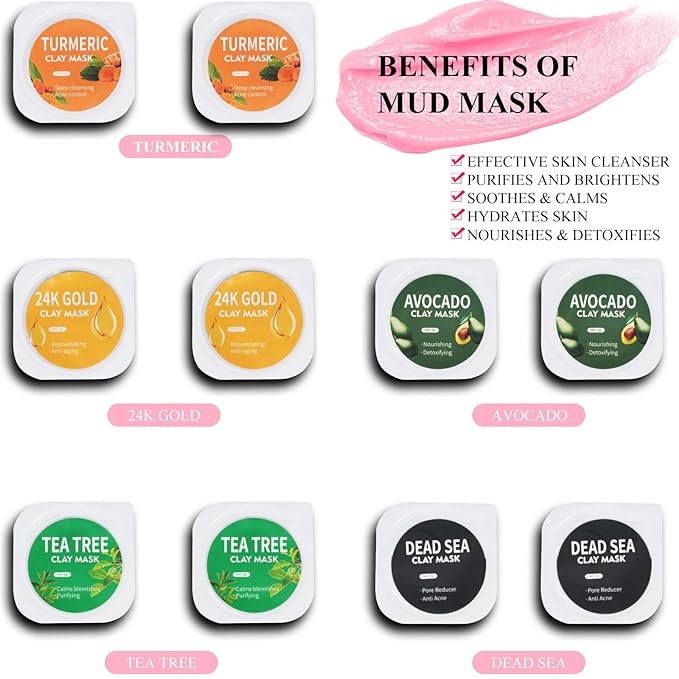 Clay Mask Set 20 Pods, Face Mask Skin Care, Green Tea, Turmeric, Dead Sea Mud, Rose, 24K Gold, Eggplant, Avocado, Mud Mask Deep Cleansing Skin, Blackhead Removal, Men & Women Facial Mask