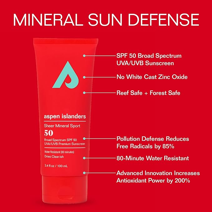 Reef Safe Sheer Mineral Sport Sunscreen Lotion SFP 50, No White Cast Zinc | Face & Body | Anti-Aging | Non-Toxic | Water-Resistant | Eco-Friendly | Anti-Irritating (3.4 fl oz)