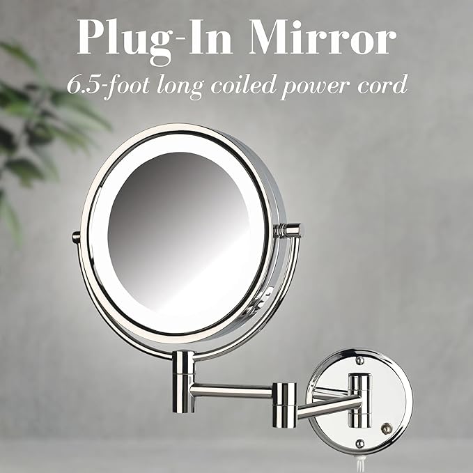 JERDON Wall-Mounted Vanity Mirror with Lights - Lighted Makeup Mirror with 8X Magnification & Chrome Finish - Plug in Model HL88CL