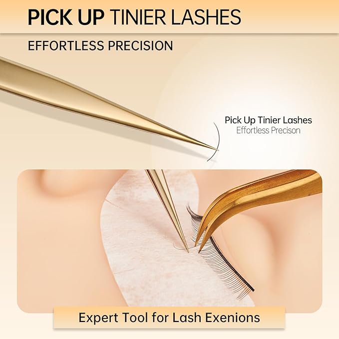 Lash Tweezers for Eyelash Extension, Hand Calibrated Straight eyelash tweezers, False Lash Application Tools, Lash extension tweezers gold
