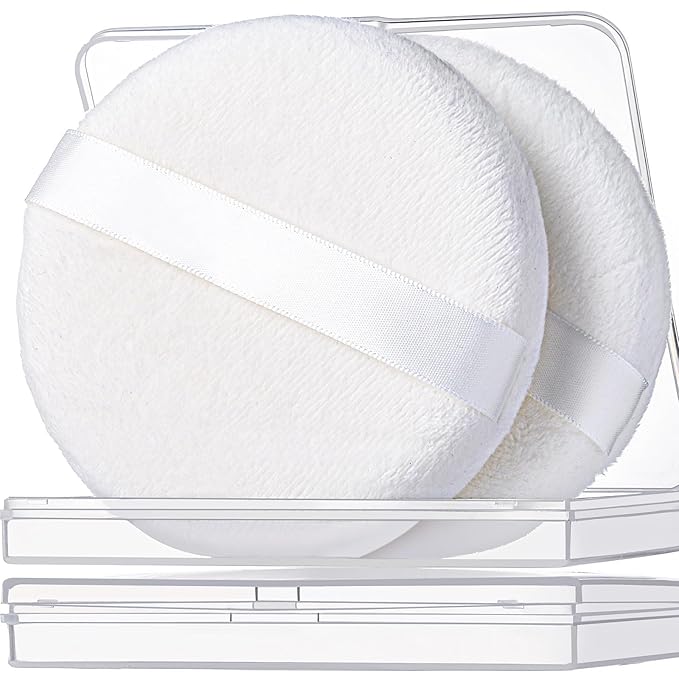 Teenitor 2pcs Powder Puff, 4.13 Inch Powder Puff for Body Powder, Body Powder Puff Large Powder Puff Loose Powder Puffs Soft Velour Body Powder Puff and Container White