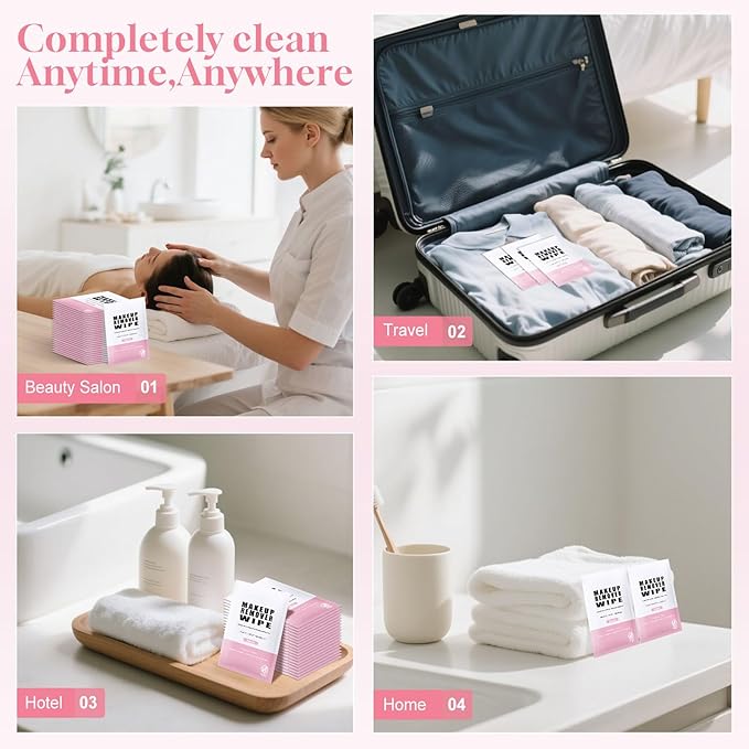 Pack of 200 Makeup Remover Wipes Individually Wrapped,Sakura Scent,Face Cleansing Wipes Bulk, Travel Towelette Makeup Remover Cloth for Face Cleansing Skin Care Remove Makeup