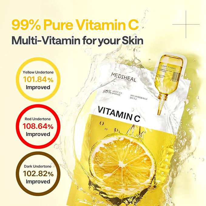 Mediheal Vitamin C Essential Sheet Mask Clear Toning 10 pcs. 99% Pure Vitamin C & 10 Vita Actives for hydration, blemish. Vegan formula.