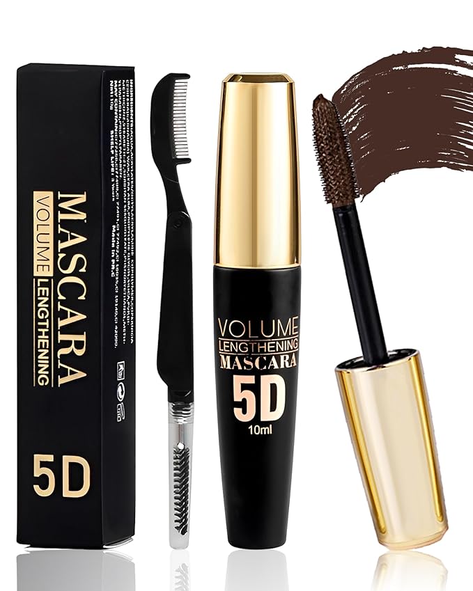 Brown Waterproof Mascara for Eyelash, 5D Silk Fiber Lashes Extension Colored Tube Mascara with Eyelash Brush, Long Lasting Curling Máscara Black Volume and Length, Eye Makeup Gift for Women
