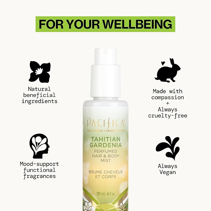 Pacifica Beauty, Tahitian Gardenia Hair Perfume & Body Spray, Citrus Gardenia and Jasmine Notes, Clean Perfume & Fragrance, Vegan & Cruelty Free, Phthalate-Free, Paraben-Free