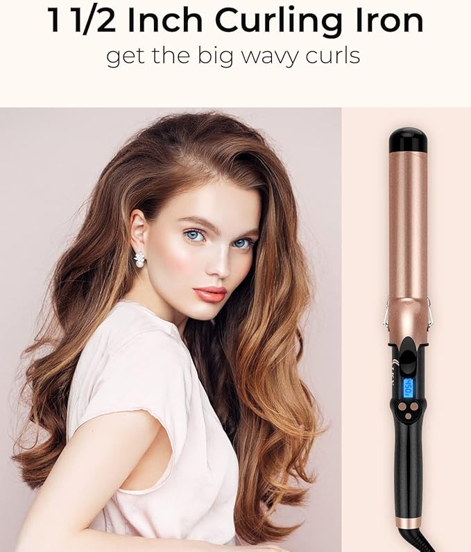 1 1/2 inch Extra Long Barrel Curling Iron, 1.5 Inch Large Barrel for Long Hair Ceramic Tourmaline