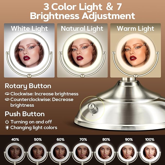 Makeup Mirror with Lights, 9" 20X Magnifying Mirror with Light and 3 Colors, Vanity Mirror with Lights and Adjustable Brightness, 2-Sided Desk Mirror with Light for Makeup, Nickel