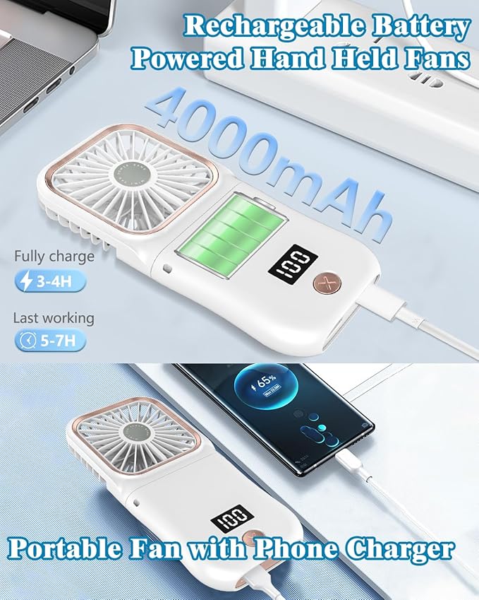 Handheld Fan Rechargeable,Portable Fan Battery Operated with LED Display,Mini Small Hand Foldable Fans with Power Bank,4000mAh Travel Personal Fans,Makeup LashFan for Girls Women Kids