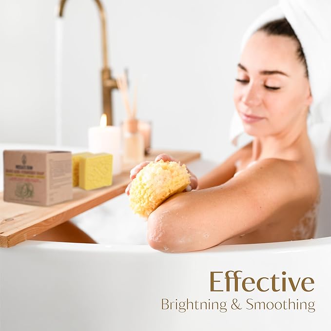 Kojic Acid and Turmeric Soap Bar for Dark Spots – Natural Brightening Bar with Coconut & Olive Oil, Lemon, Shea Butter, Vitamin C&E – Cleansing Moisturizing Bath Soap (3Pack) + Loofah Bath Sponge
