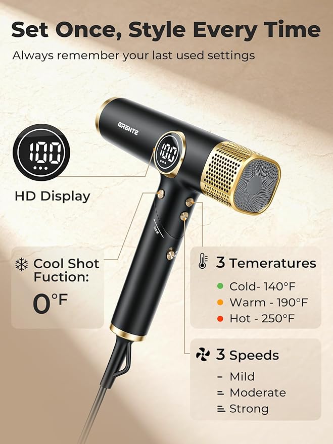 Portable Hair Dryer, 110,000 RPM Diffuser Hair Dryer, 400M Negative Ion, 6.5ft Cord, 4 Heat Settings & 3 Speed, Ionic Hairdryer with Concentrator Nozzle Diffuser for Curly Hair, for Women Men, Black
