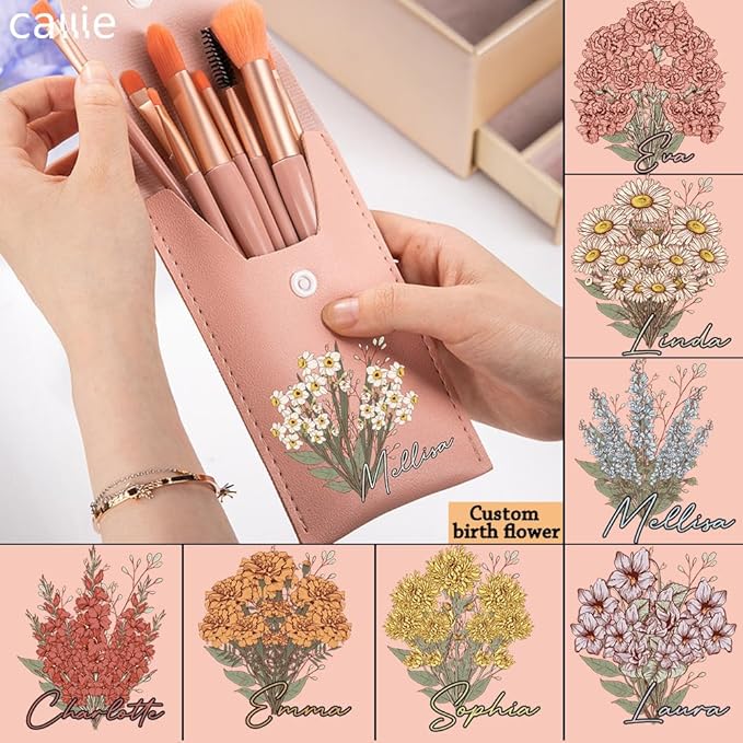 callie Personalized Makeup Brush Set, Custom Birth Flower Travel Cosmetic Makeup Brush Set with Bag Holder Case, Birthday Gift for Women (8 Brushes)