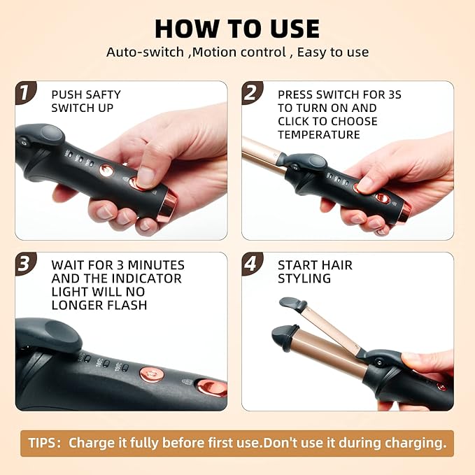 Cordless Curling Iron, Travel Curling Iron USB Rechargeable Ceramic Curling Wand, 302°F-356°F Mini Flat Iron with 3 Temp Setting,Hair Curlers for Short Hair Straightener and Curler 2 in 1